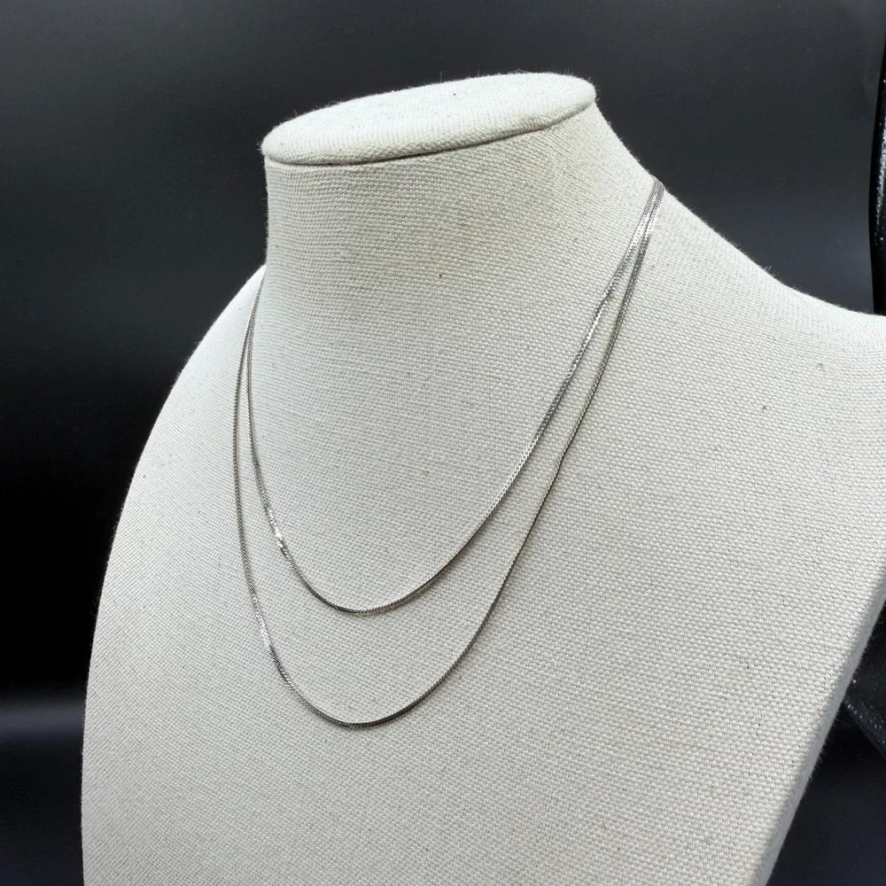 Silver Tone Double Strand Herringbone Chain Necklace Layered Minimalist Jewelry